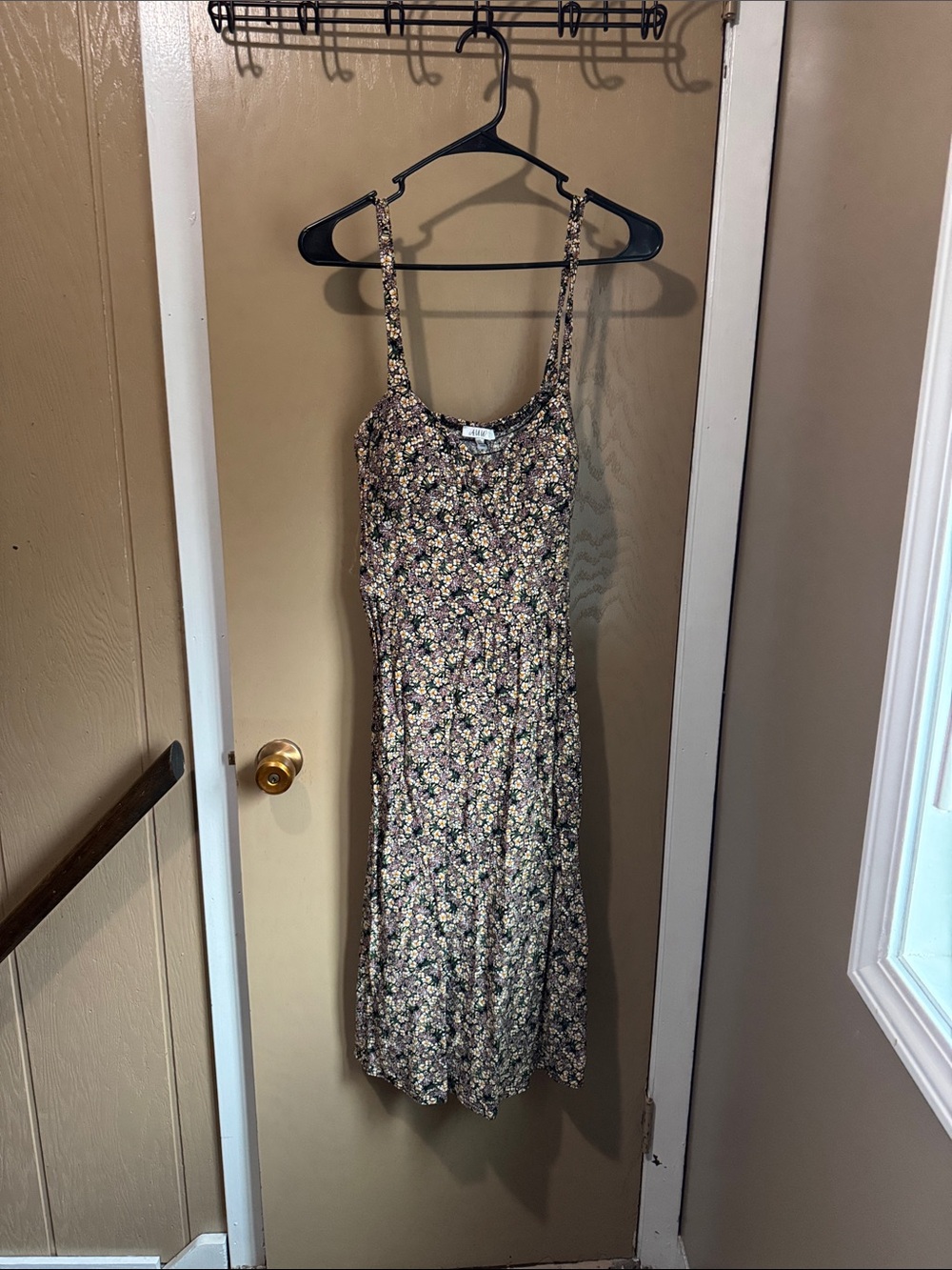 AUW Beige and Pink Floral Spaghetti Strap Midi Dress
